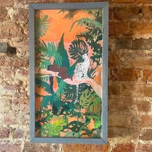 Anthropologie FRAMED wall art  hanging wood Jungalow tropica abstract mcm